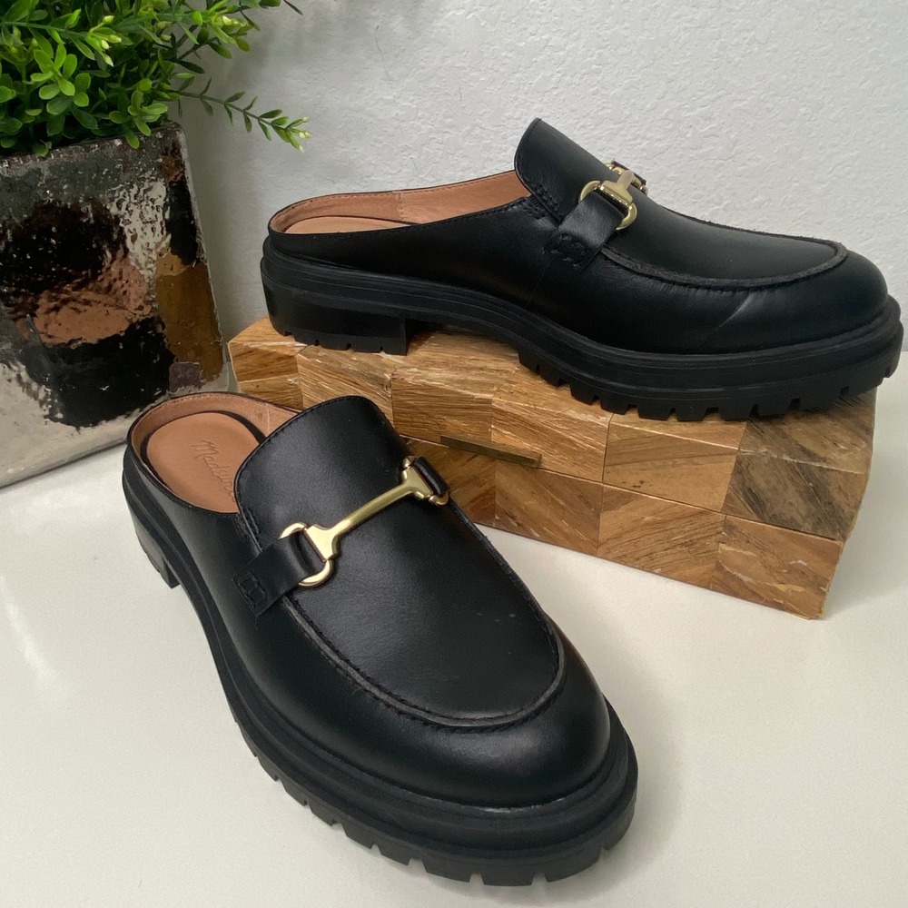 Madewell The Bradley Hardware Lugsole Loafer Mule Black Leather‎ Size 8.5